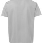 A plain gray T-shirt, shown from the back, with short sleeves and a simple round neckline.