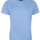 A plain light blue t-shirt displayed on a white background. The t-shirt has short sleeves, a round neckline, and a tag visible at the back of the neck.