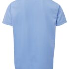 A plain light blue short-sleeved T-shirt shown from the back, made of soft fabric, with a simple round neckline.