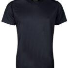Black short-sleeve athletic t-shirt on a plain white background. The shirt features a round neck and a smooth, breathable fabric, designed for comfort during physical activities. The tag inside the neckline is slightly visible.