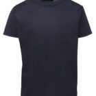 A plain black crew-neck T-shirt facing forward on a white background. The short-sleeved shirt appears simple and unadorned, made from a smooth material.
