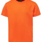 An orange short-sleeve t-shirt displayed against a white background. The shirt has a round neckline and a plain design, showcasing its vibrant color and simple style.