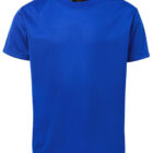 A plain blue short-sleeve T-shirt displayed against a white background. The shirt has a simple round neckline and a smooth fabric texture.
