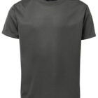 A plain dark gray T-shirt on a white background. The shirt has short sleeves and a simple crew neckline.