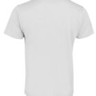 Plain white T-shirt displayed from the back on a white background, showing short sleeves and a round neckline.
