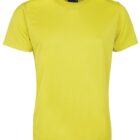 A bright yellow short-sleeve T-shirt displayed on a blank background, showcasing its simple crewneck design.