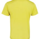 A plain yellow T-shirt shown from the back, highlighting its short sleeves and simple design.