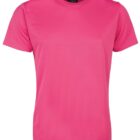 A bright pink short-sleeve T-shirt displayed against a white background. The T-shirt has a simple design with a round neckline and a tag at the back collar.