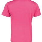 A pink short-sleeve t-shirt is displayed with a view of the back. The fabric appears smooth and seamless, and the shirt has a simple, solid color design.