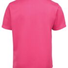 A bright pink short-sleeve shirt displayed with its back facing the viewer, made of smooth fabric with a simple design and no additional patterns or logos.