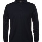 A plain black long-sleeve polo shirt with a collar and buttoned placket is displayed against a white background. The fabric appears smooth and fits casually.
