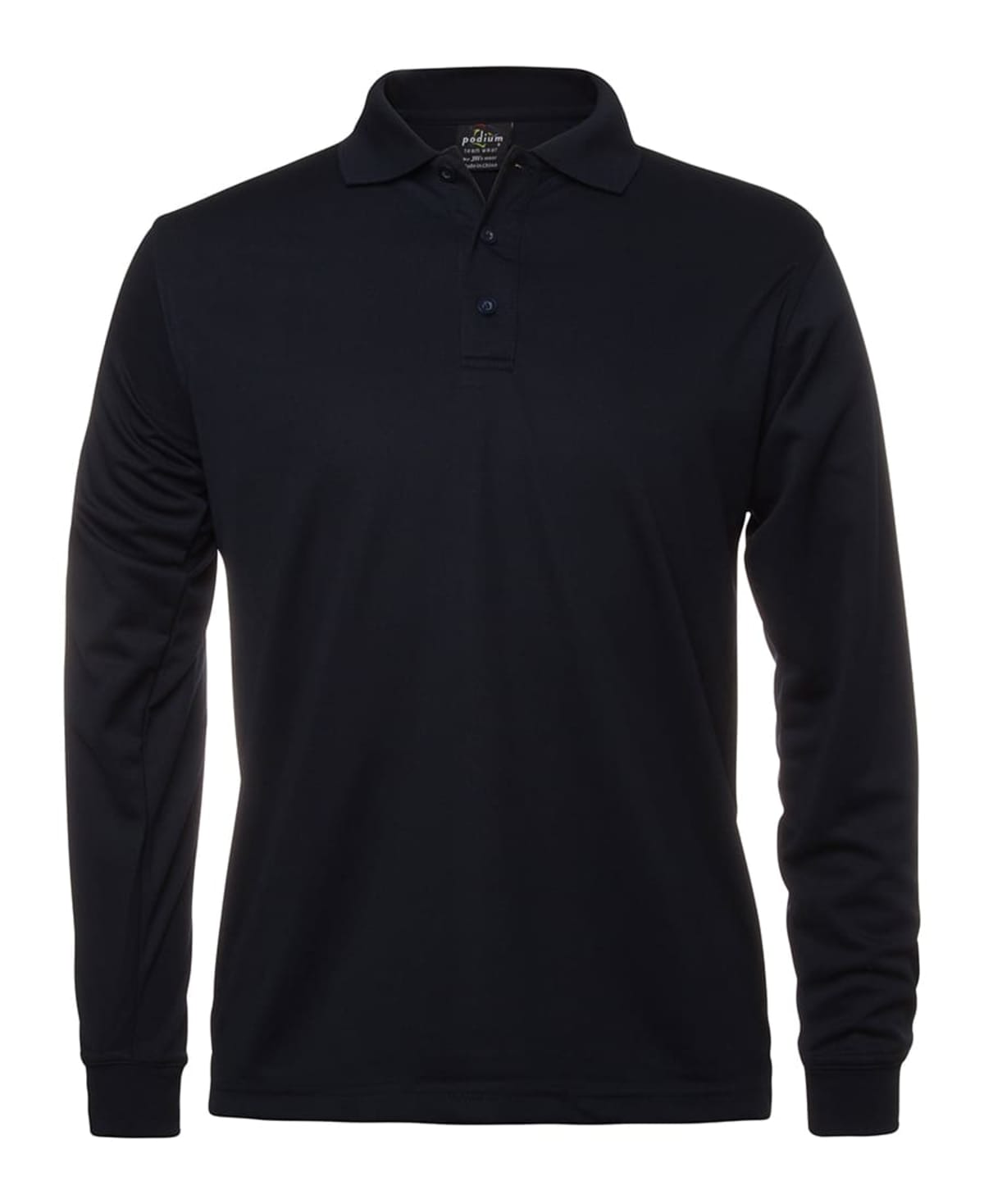 A plain black long-sleeve polo shirt with a collar and buttoned placket is displayed against a white background. The fabric appears smooth and fits casually.