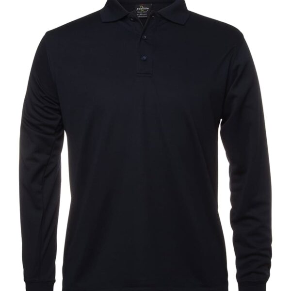A black, long-sleeve polo shirt with a collared neck and a button-up placket. The shirt is displayed against a plain, white background.