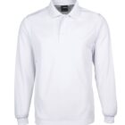 A plain white long-sleeve polo shirt on a white background. The shirt features a classic collar, button placket, and ribbed cuffs.
