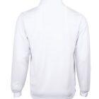 The image shows the back view of a plain white long-sleeve shirt with a collar. The shirt is laid flat against a white background, highlighting its simple design and fabric texture.
