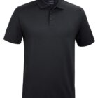 Black short-sleeve polo shirt with a classic collar and three-button placket, displayed against a white background.
