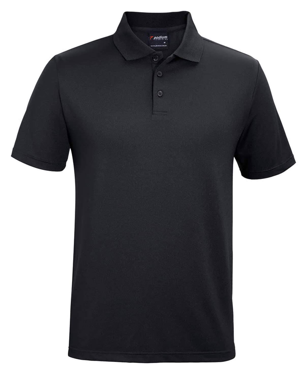 Black short-sleeve polo shirt with a classic collar and three-button placket, displayed against a white background.