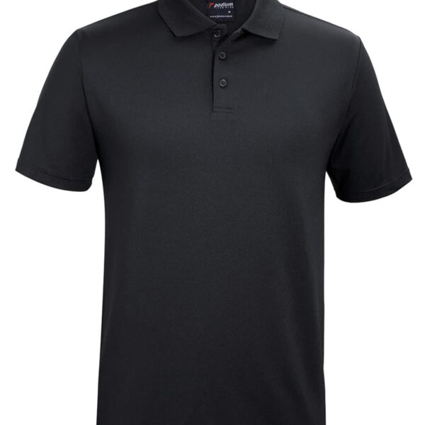 A black short-sleeve polo shirt with a buttoned collar, displayed against a white background.
