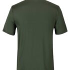 A plain dark green short-sleeve polo shirt is shown from the back. The shirt has a simple collar and no visible logos or designs.