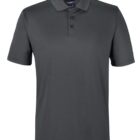 Dark gray short-sleeve polo shirt featuring a three-button placket and a classic collar, displayed against a white background.