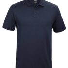 A plain black polo shirt with a collar and three buttons.