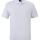 A plain white polo shirt with short sleeves and a collar. The shirt has three buttons at the top and appears to be made of a lightweight fabric.