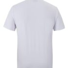 Back view of a plain white short-sleeve polo shirt with a collar. The shirt has a simple and clean design, highlighting its classic style.