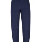 A pair of plain navy blue jogger pants with an elastic waistband and cuffs. The pants have a relaxed fit and appear to be made from a lightweight fabric.