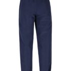A pair of navy-blue pants with an elastic waistband and cuffs. The pants are displayed vertically against a plain white background, showing a back view with a single pocket on one side.