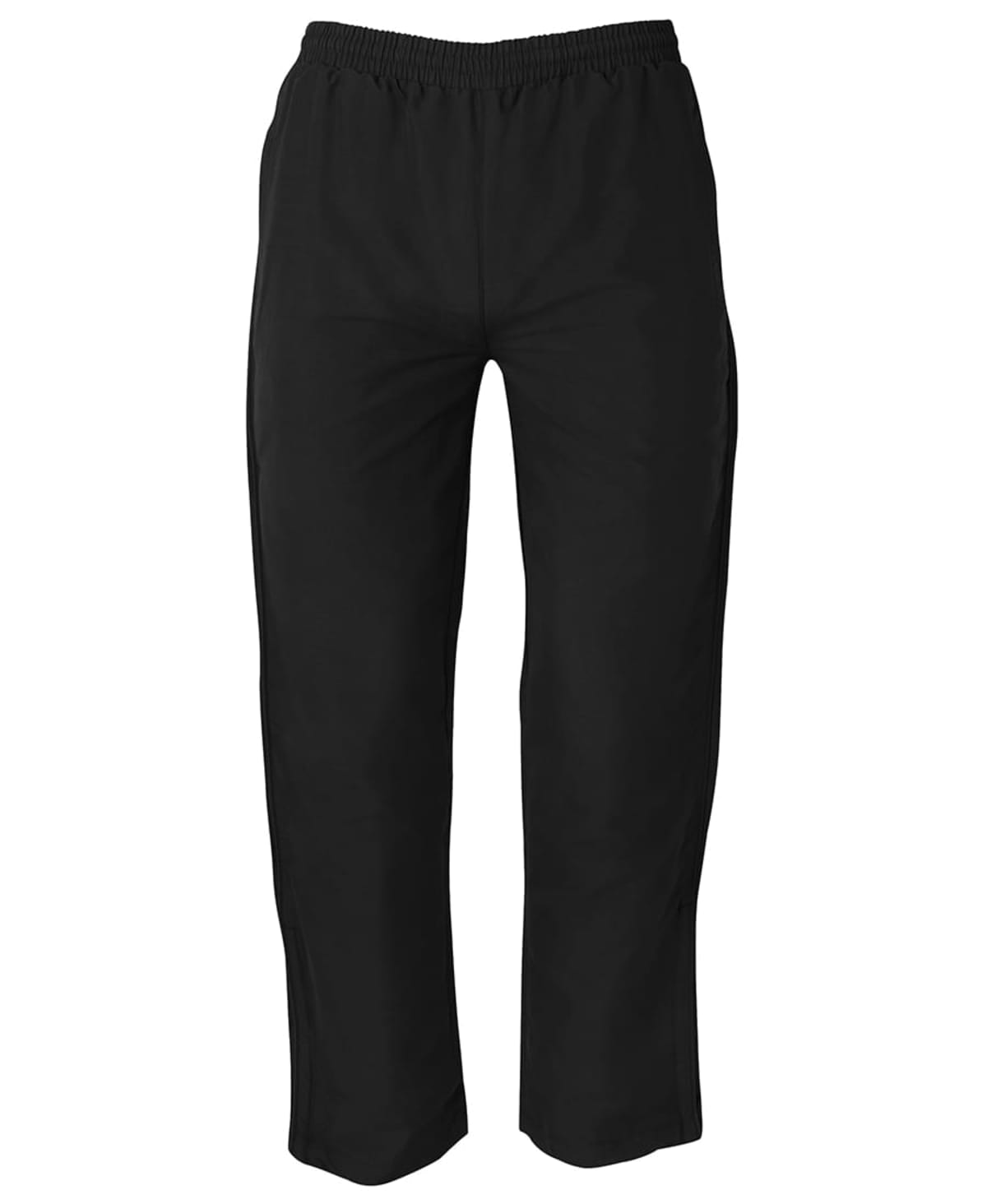 A pair of plain black pants with an elastic waistband. The pants have a straight leg cut and no visible pockets or logos.