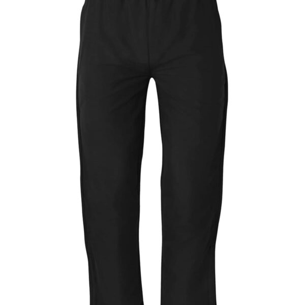 A pair of black, straight-leg pants with an elastic waistband, displayed against a white background.