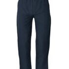 A pair of dark blue track pants with an elastic waistband and straight legs is displayed against a plain white background.