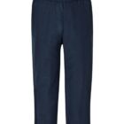 A pair of dark blue, cropped trousers with an elastic waistband and two side pockets on a white background.
