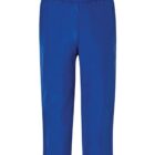 Image of bright blue pants with an elastic waistband, straight legs, and a simple design against a plain white background.