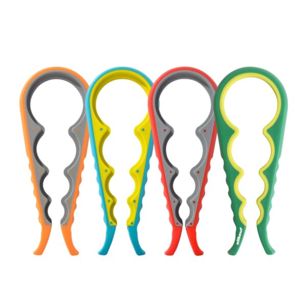 Four colorful jar openers in orange, yellow, red, and green, each with a grippy handle and adjustable rings for different lid sizes. They are lined up vertically against a white background.