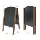 Two wooden A-frame chalkboards are shown. One is open, displaying dimensions: 80cm tall and 60cm wide. The other is closed, measuring 75cm high. Both have a base width of 45cm.