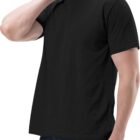 A man wearing a BrightShield Vest is visible through his black T-shirt and dark jeans, with one hand on his neck against a white background.