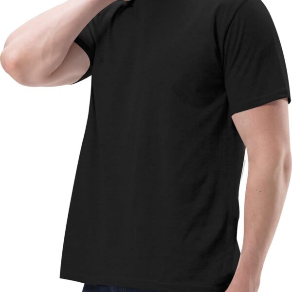 A man wearing a BrightShield Vest is visible through his black T-shirt and dark jeans, with one hand on his neck against a white background.