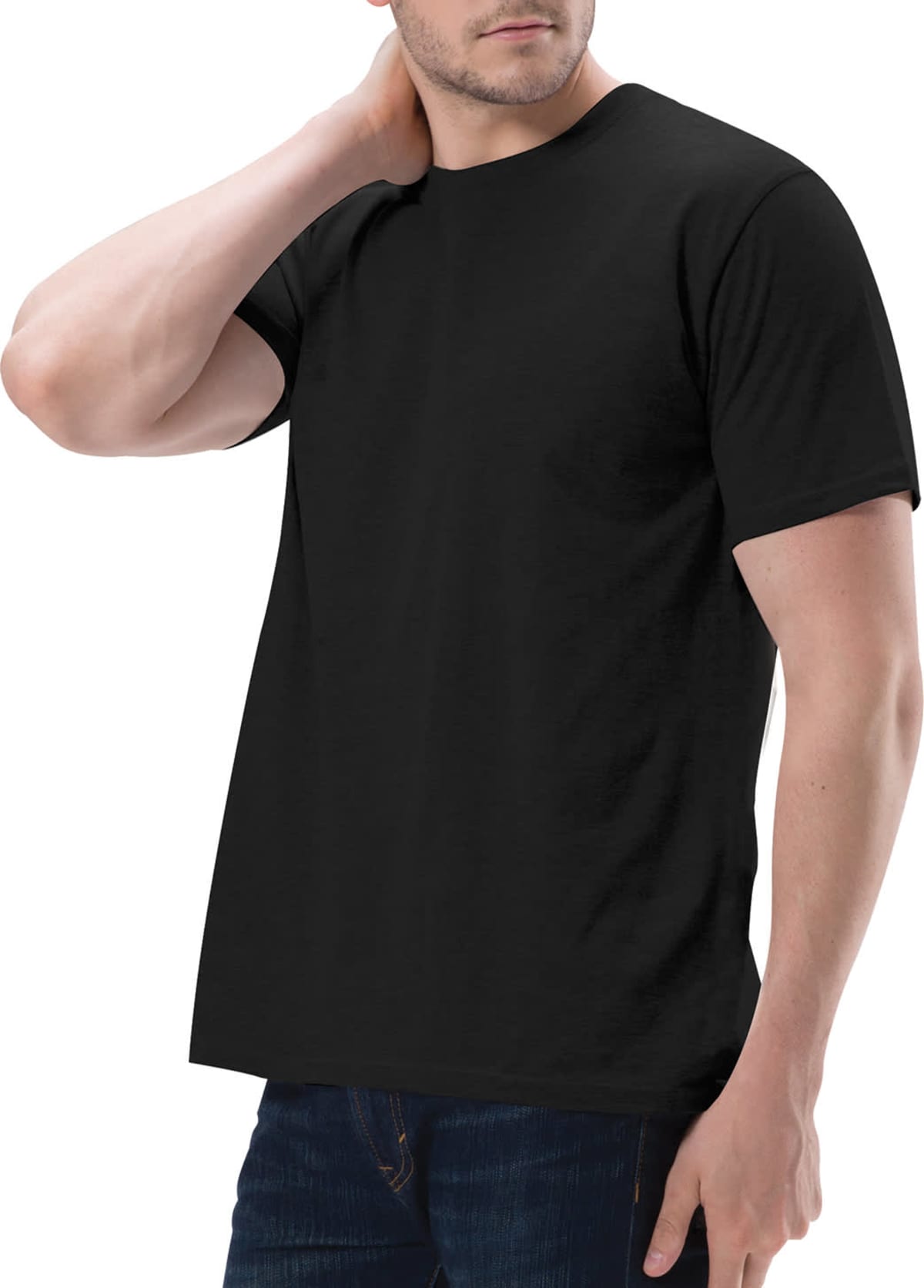 A man wearing a BrightShield Vest is visible through his black T-shirt and dark jeans, with one hand on his neck against a white background.