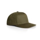 Tommy Cap in olive green with a flat brim, shown against a white background. This cap features a clean, unadorned design that emphasizes its simplicity.