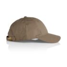 A khaki Davie Six Panel Cap with a curved brim and an adjustable strap with a metal buckle at the back, displayed against a white background.