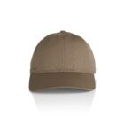 The Davie Six Panel Cap in khaki is displayed on a white background, featuring a curved brim, visible stitching, and crown eyelets for ventilation, with its reflection elegantly captured below.
