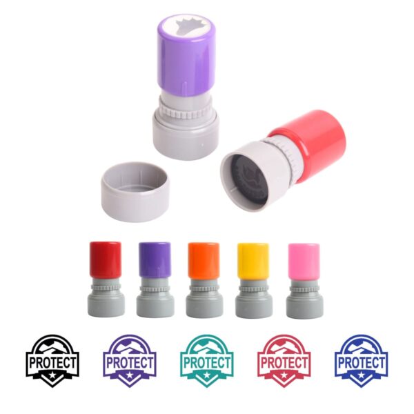 Image of colorful stampers with caps off, revealing stamps. Colors include purple, red, green, blue, yellow, and pink. Each stamper displays the word PROTECT with a shield icon on the stamp face.