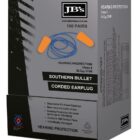 Box of Southern Sound Guard Corded Earplugs prominently displays an earplug image with a blue cord. The sleek gray design highlights Class 5 Hearing Protection and 100 Pairs, along with essential product details and specifications.