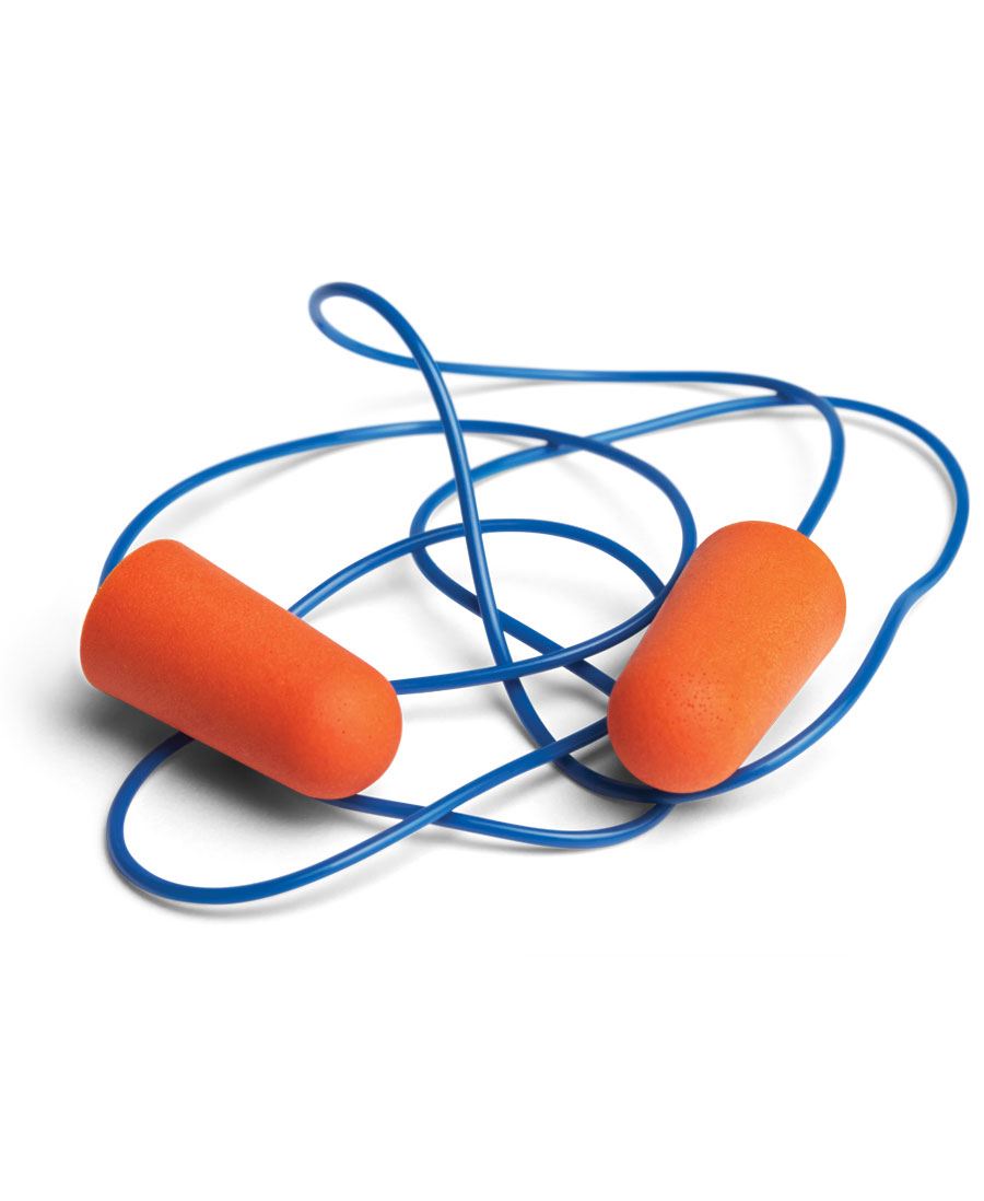 The Southern Sound Guard Corded Earplug features an orange pair connected by a thin blue cord, resting on a white background, with the cord loosely tangled between them.
