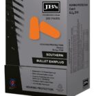 Box of Southern Stealth Earplugs with 200 pairs, featuring black and gray design with orange earplug illustration. Offers Class 5 protection, SLC80 27dB, PU foam material, and noise reduction up to 110 dB(A).