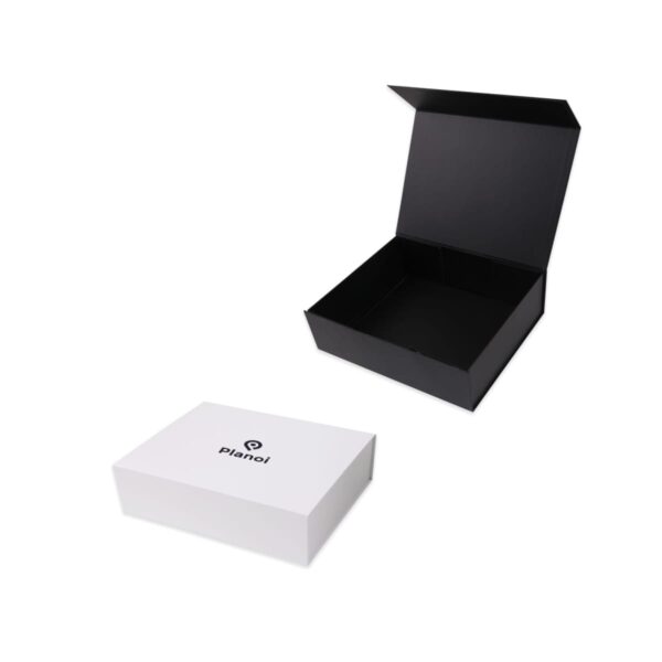 A black open cardboard box and a closed white box with the planto logo are displayed on a white background. The black box is empty, and the white one appears to be the lid for the black box.