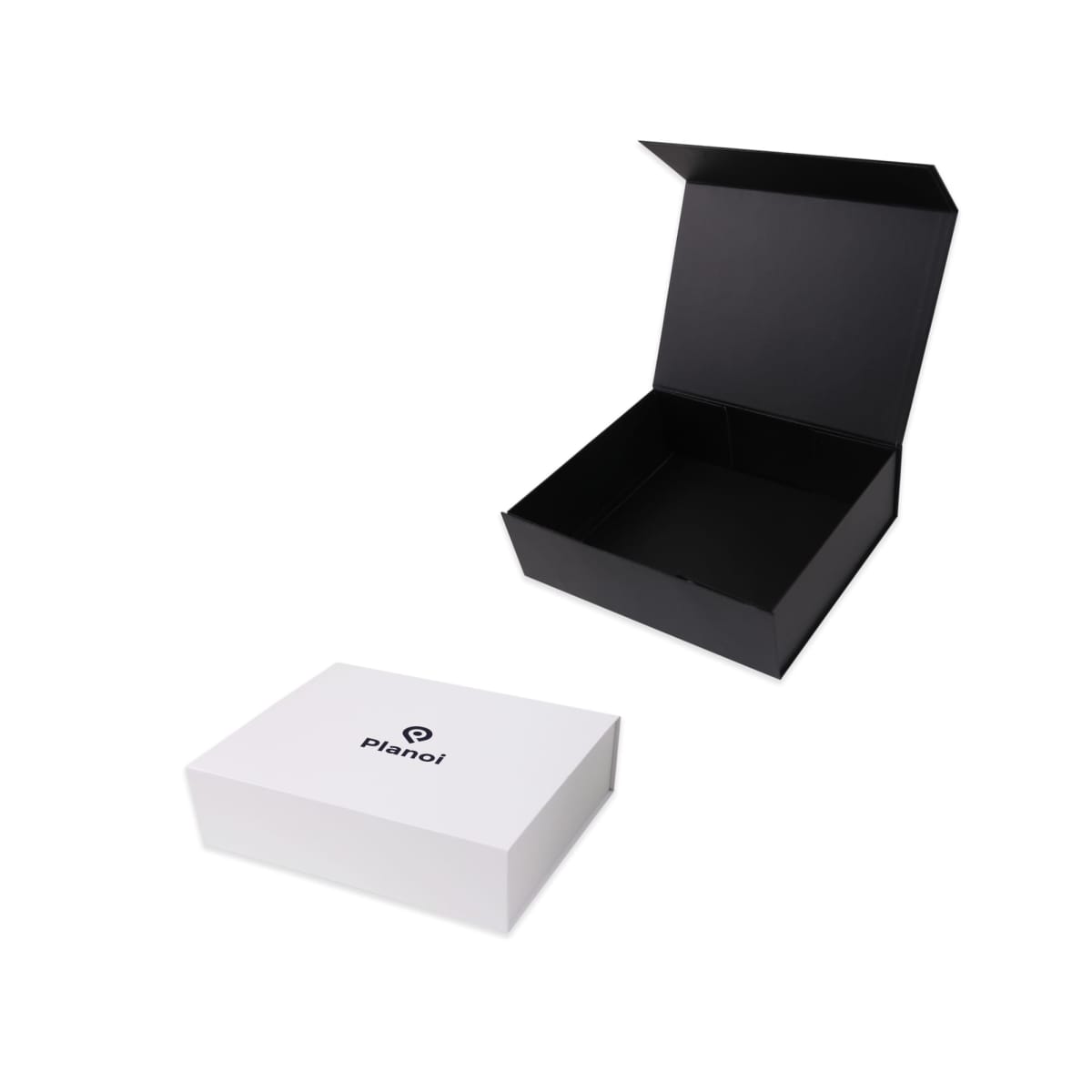 Two rigid boxes are shown. One is black and open, displaying its empty interior. The other is white with a closed lid featuring the logo planto! in black text. Both are placed against a white background.