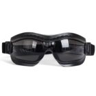 A pair of black wraparound goggles with dark tinted lenses and an adjustable elastic strap. The goggles have a sleek design, suitable for outdoor sports or protective use.