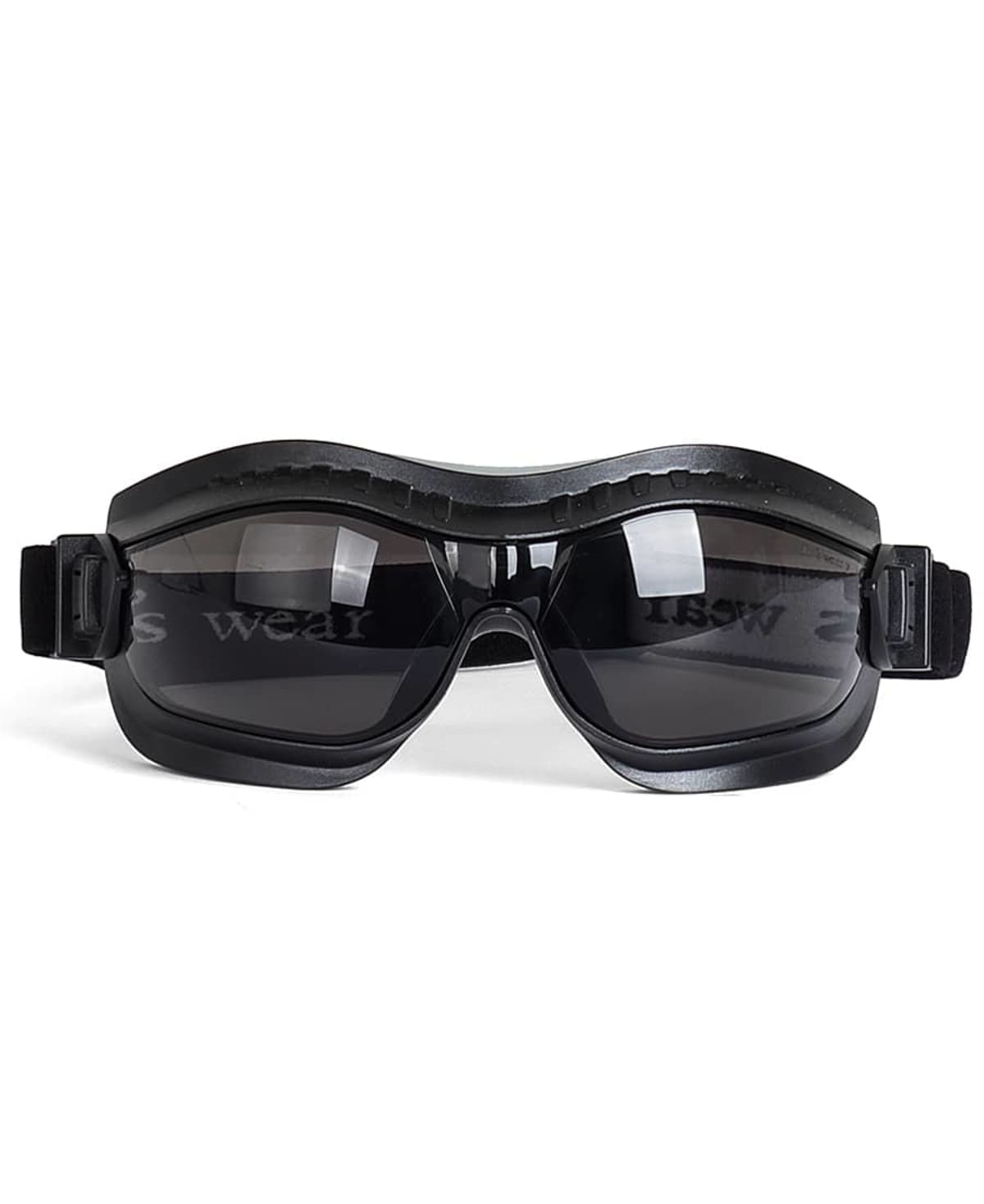 A pair of black wraparound goggles with dark tinted lenses and an adjustable elastic strap. The goggles have a sleek design, suitable for outdoor sports or protective use.